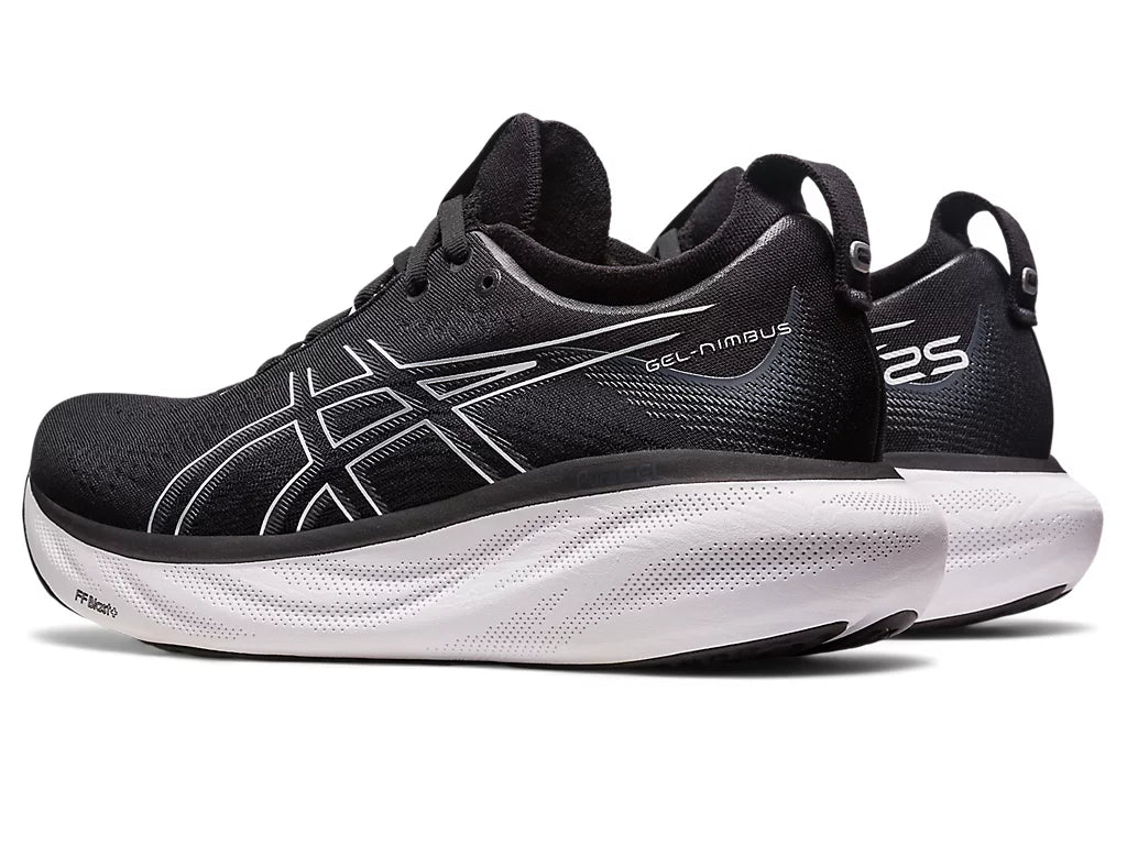Back angled view of the Women's ASICS Nimbus 25 in the wide "D" width-color Black/Pure Silver