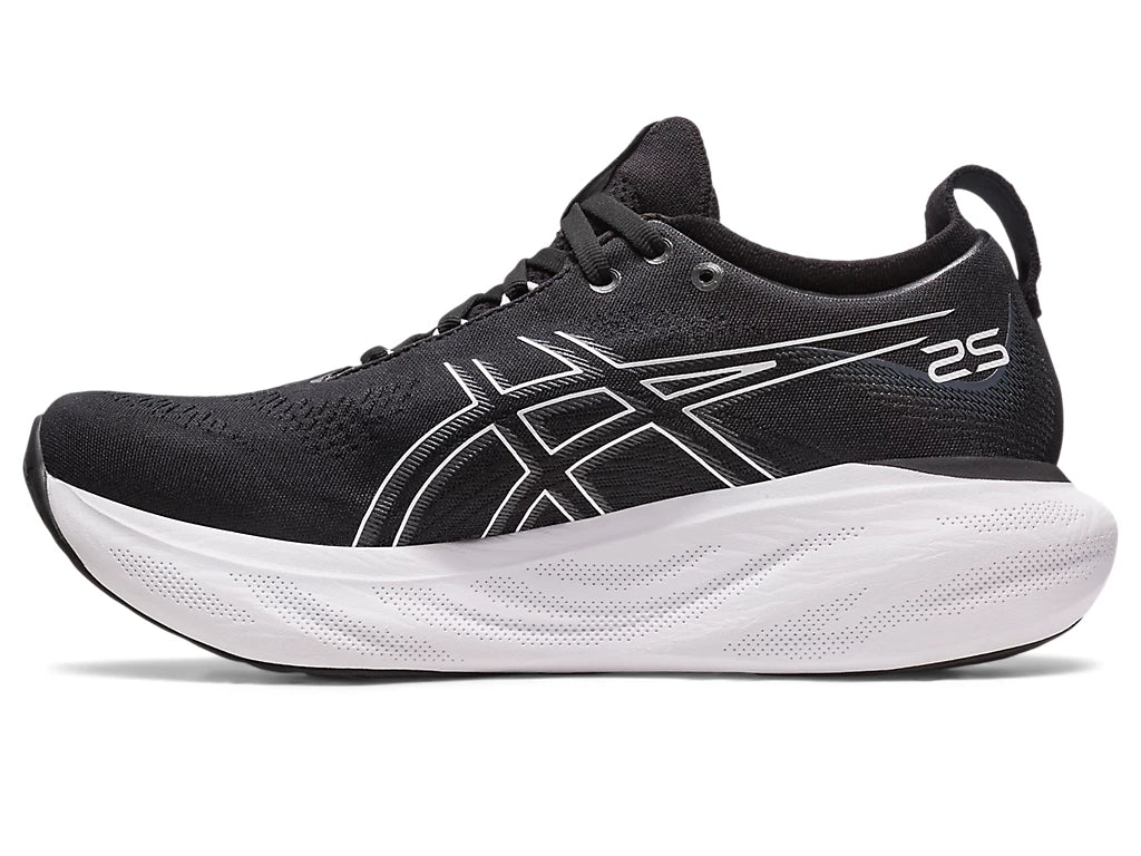Medial view of the Women's ASICS Nimbus 25 in the wide "D" width-color Black/Pure Silver