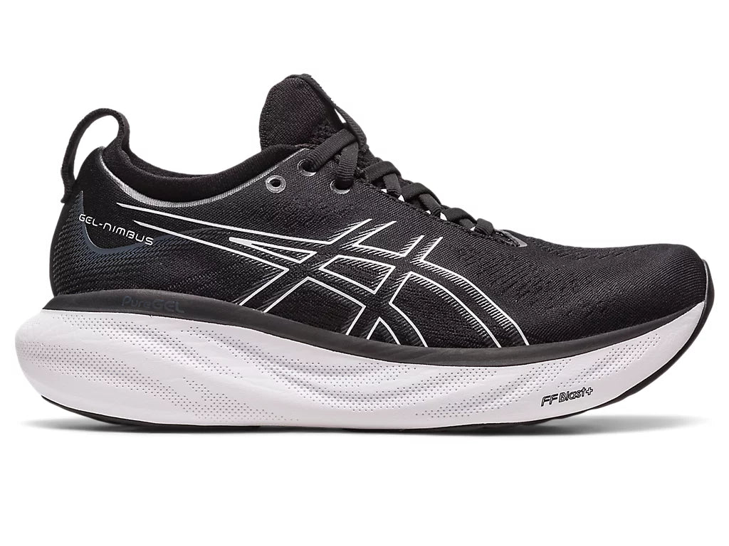 Lateral view of the Men's ASICS Gel Nimbus 25 in the Extra Wide Width "4E" in Black/Pure Silver
