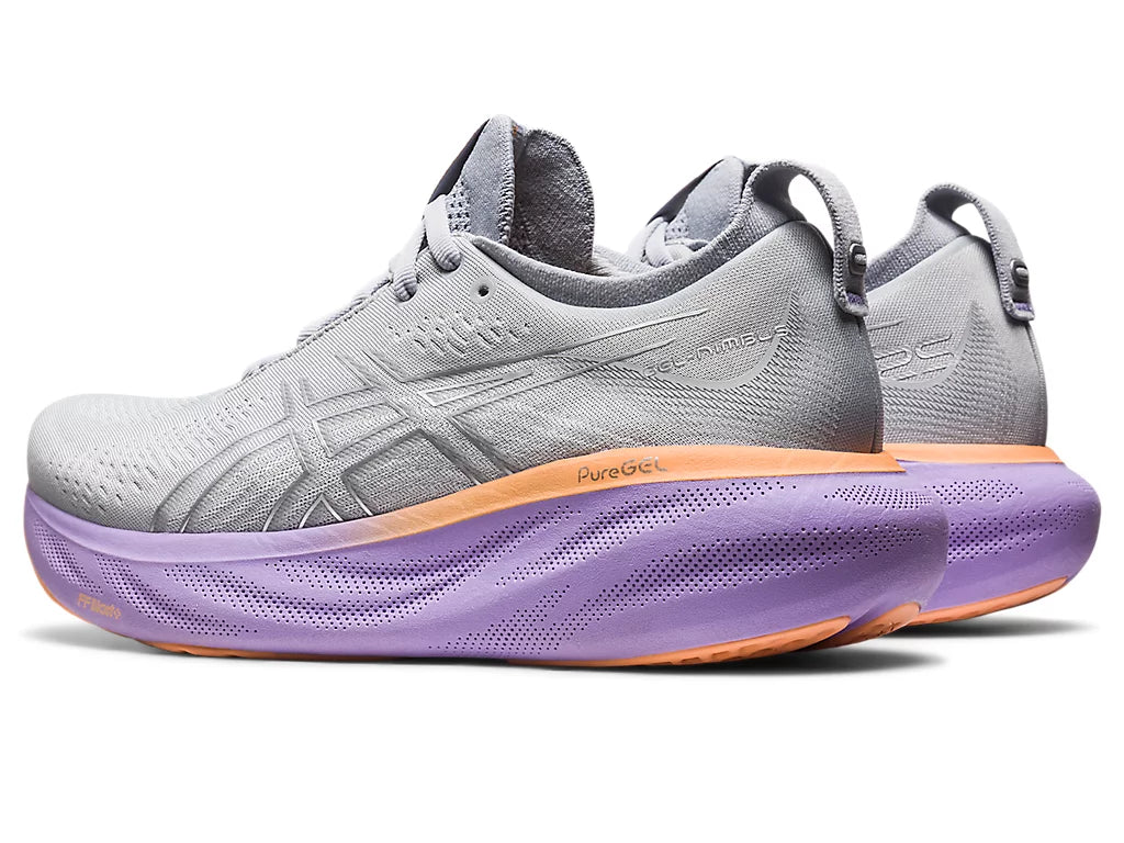 Back angled view of the Women's ASICS Nimbus 25 in the color Piedmont Grey / Pure Silver