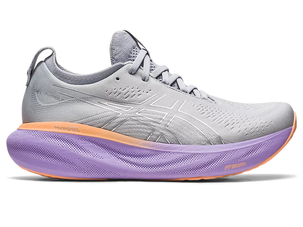 Lateral view of the Women's ASICS Nimbus 25 in the color Piedmont Grey / Pure Silver