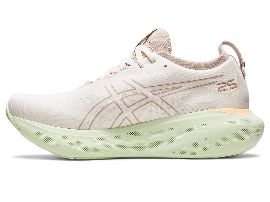 Medial view of the Women's ASICS Nimbus 25 in the color Cream / Fawn