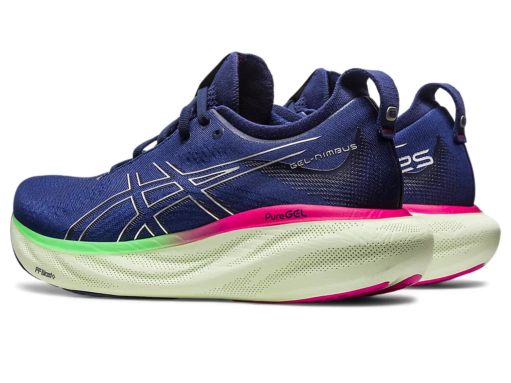 Back angled view of the Women's ASICS Nimbus 25 in the color Indigo Blue / Pure Silver