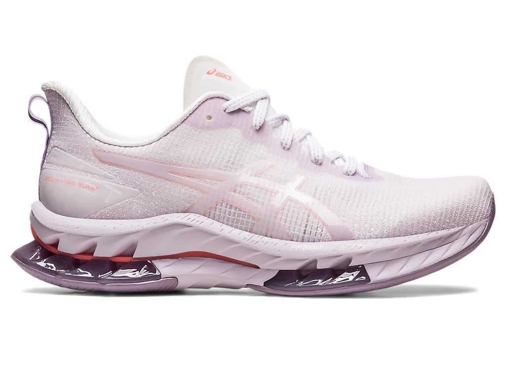 Lateral view of the ASIC Women's Gel Kinsei Blast LE 2 in the color White/Papaya