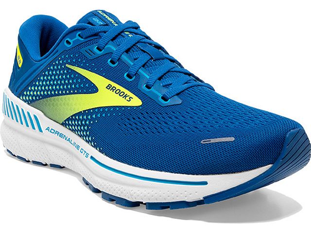 Front angled view of the Men's Adrenaline GTS 22 by Brooks in the color Blue/Nightlife/White