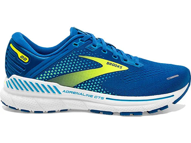 Lateral view of the Men's Adrenaline GTS 22 by Brooks in the color Blue/Nightlife/White
