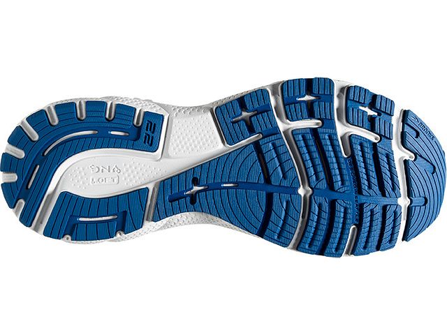 Bottom (outer sole) view of the Men's Adrenaline GTS 22 by Brooks in the color Blue/Nightlife/White