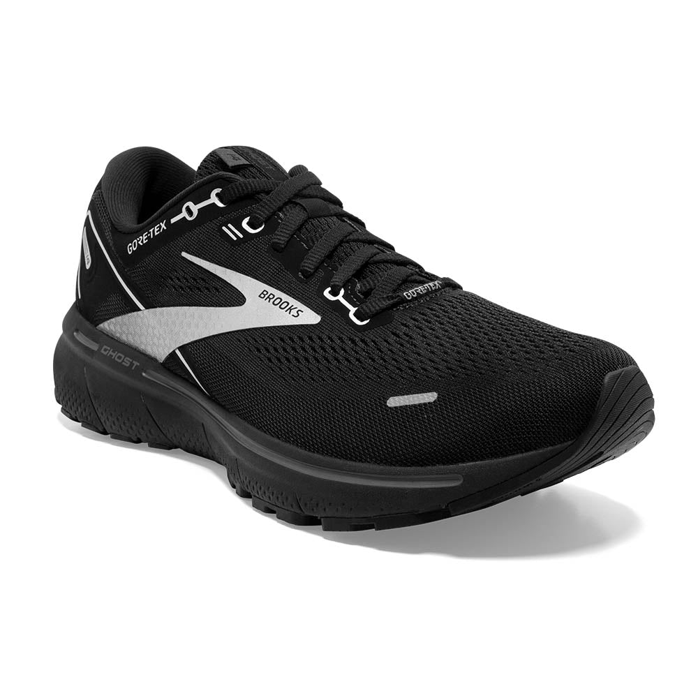 Front angle view of the Men's Ghost 14 GTX (Gore Tex) waterproof running shoe by Brooks in the color Black/Black/Ebony