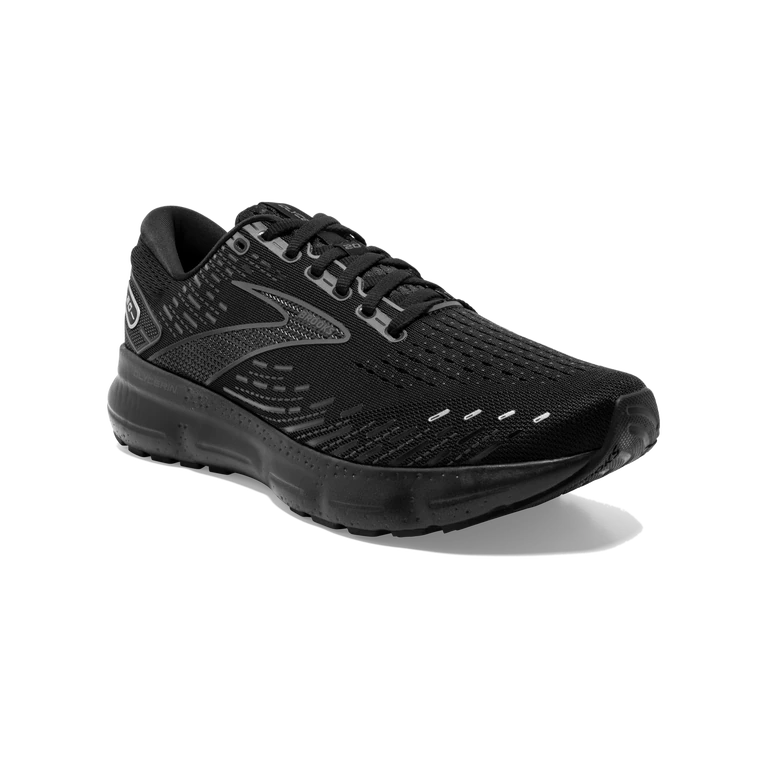Front angle view of the Men's Glycerin 20 in the wide 2E width, color Black/Black/Ebony