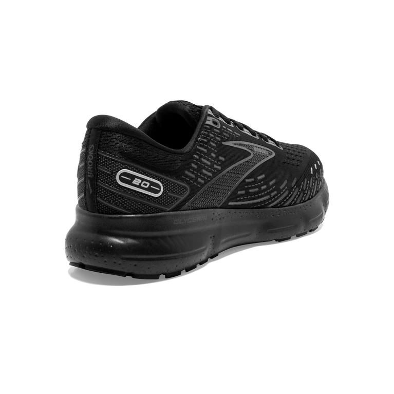 Back angle view of the Men's Glycerin 20 in the wide 2E width, color Black/Black/Ebony