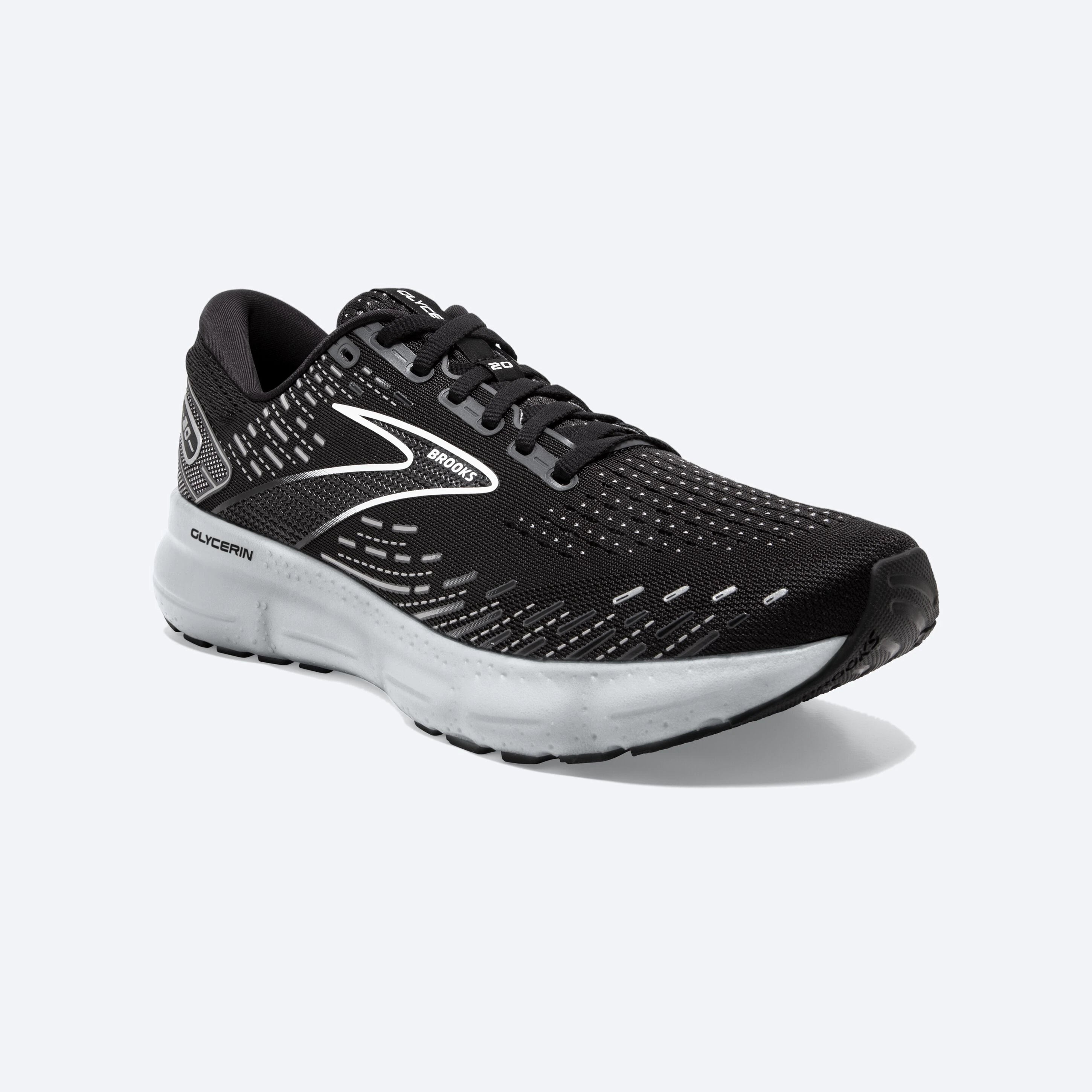Front angle view of the Men's Glycerin 20 in the wide 2E width, color Black/white/alloy