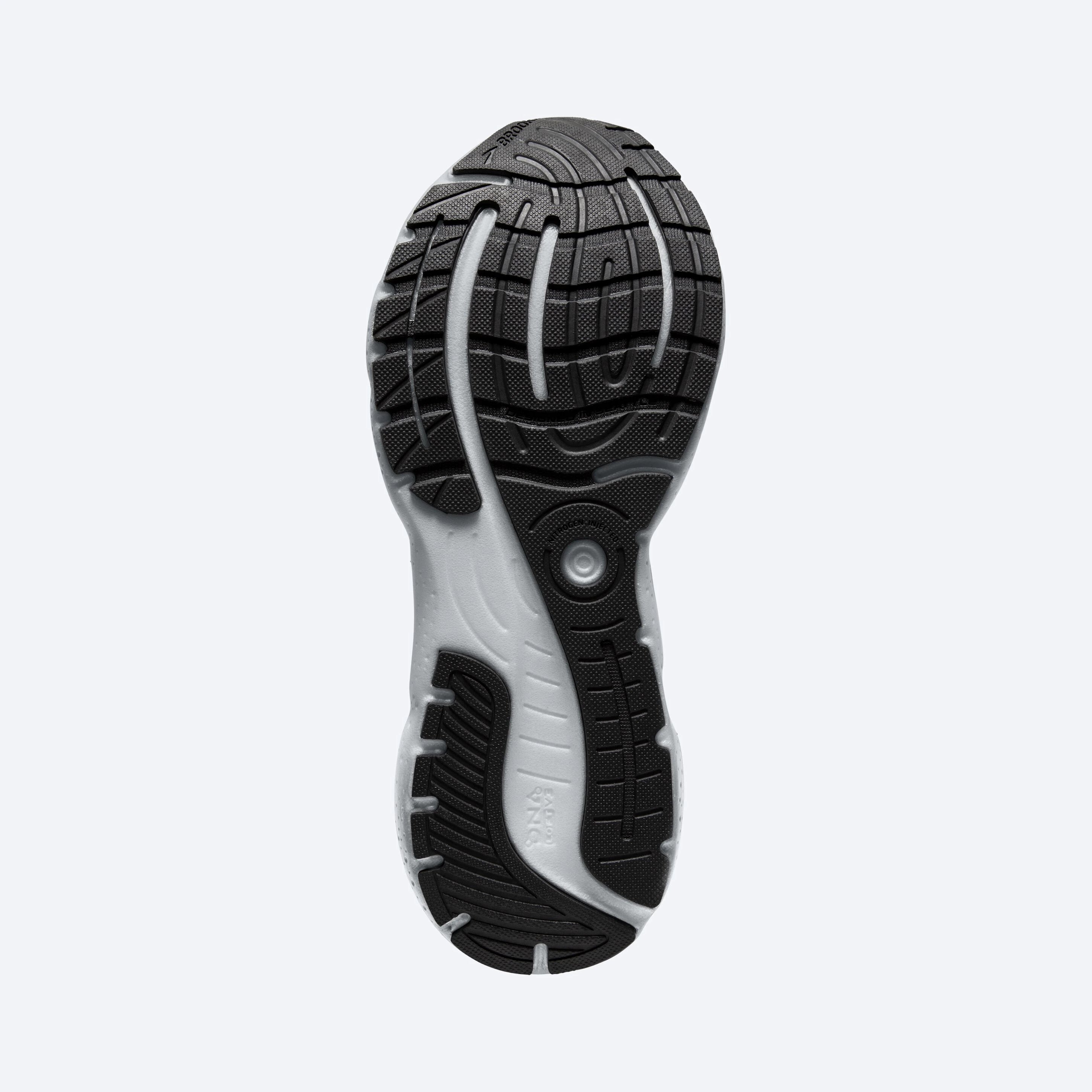 Bottom (outer sole) view of the Men's Glycerin 20 in the wide 2E width, color Black/white/alloy