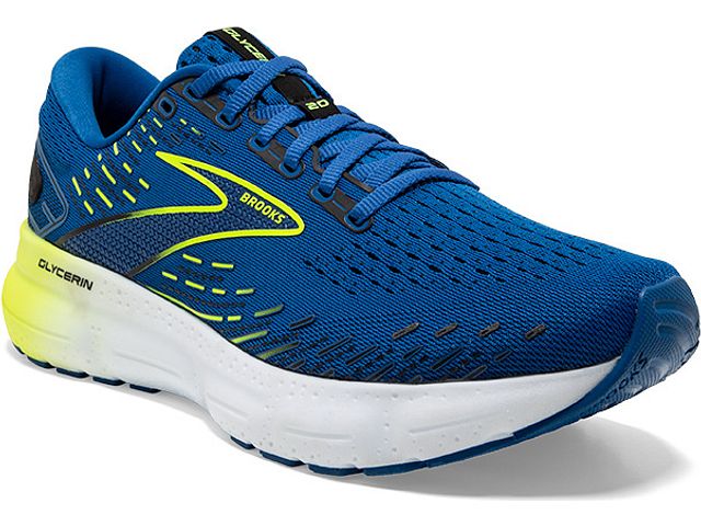 Front angled view of the Men's Glycerin 20 by BROOKS in the color Blue/Nightlife/White