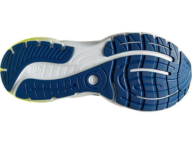 Bottom (outer sole) view of the Men's Glycerin 20 by BROOKS in the color Blue/Nightlife/White