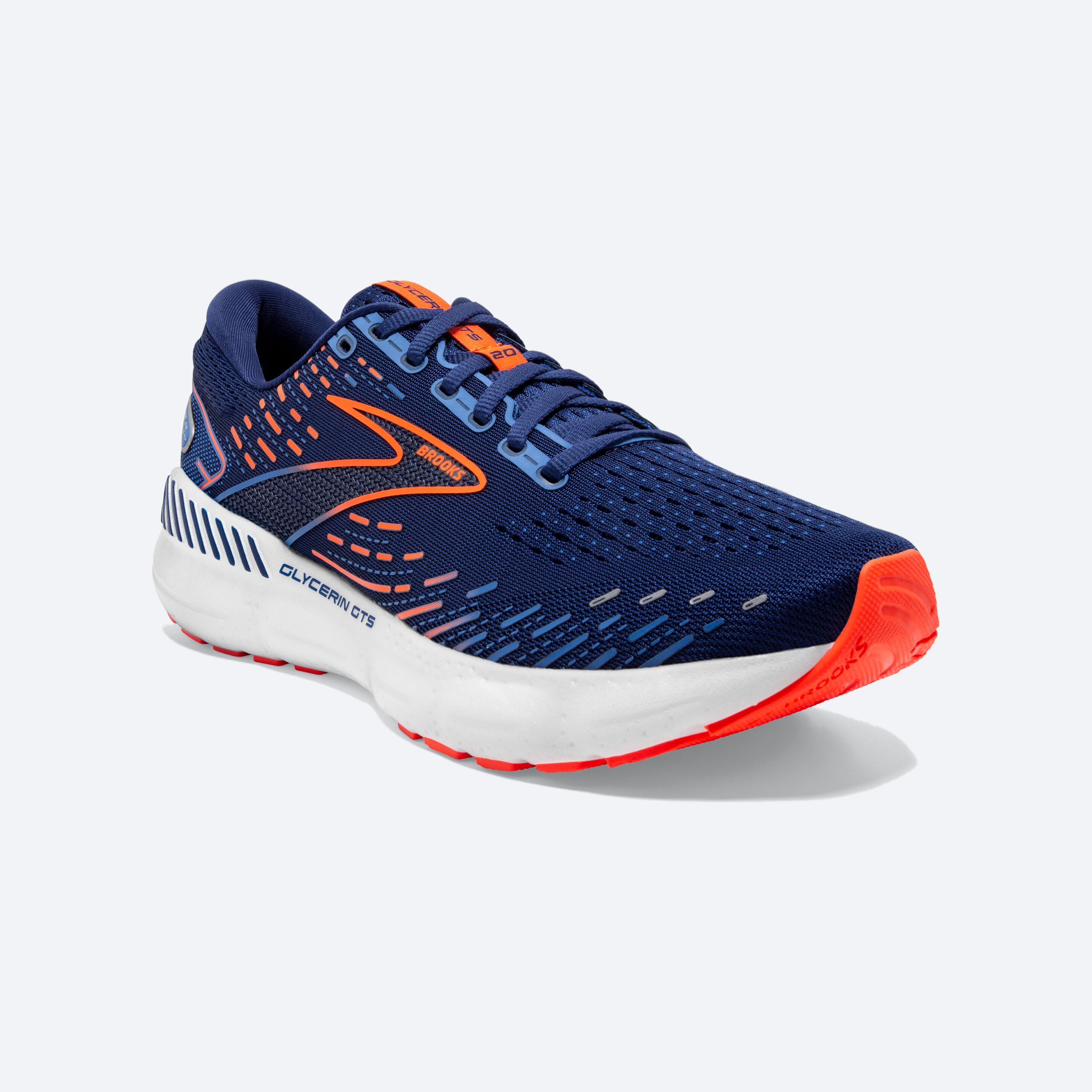 Front angle view of the Men's Glycerin GTS 20 in Blue Depths/Palace Blue/Orange