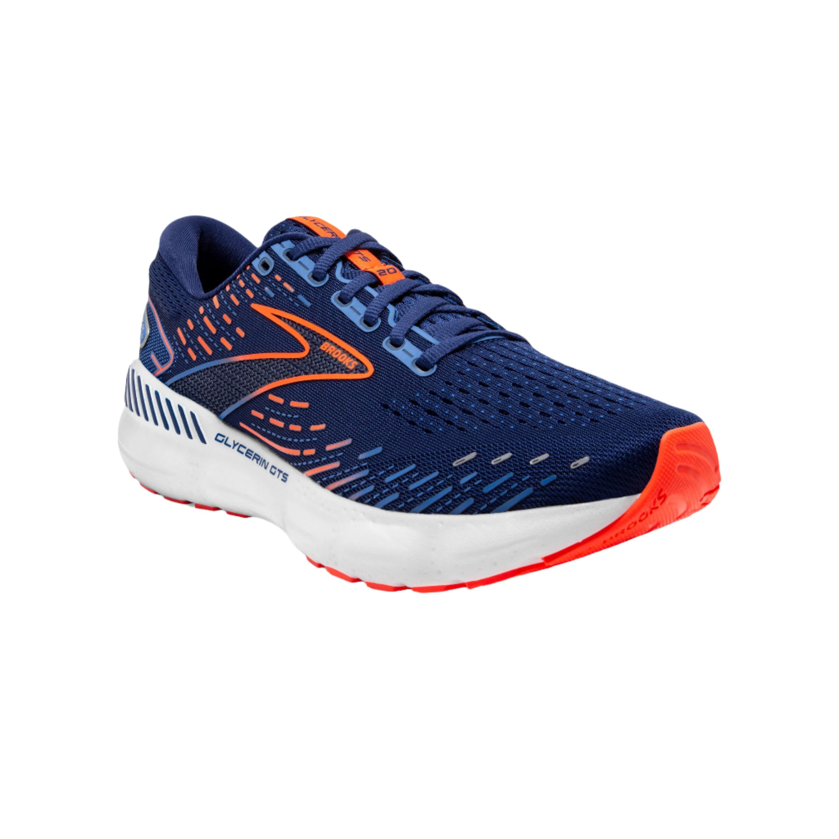 Front angle view of the Men's Glycerin GTS 20 in Blue Depths/Palace Blue/Orange