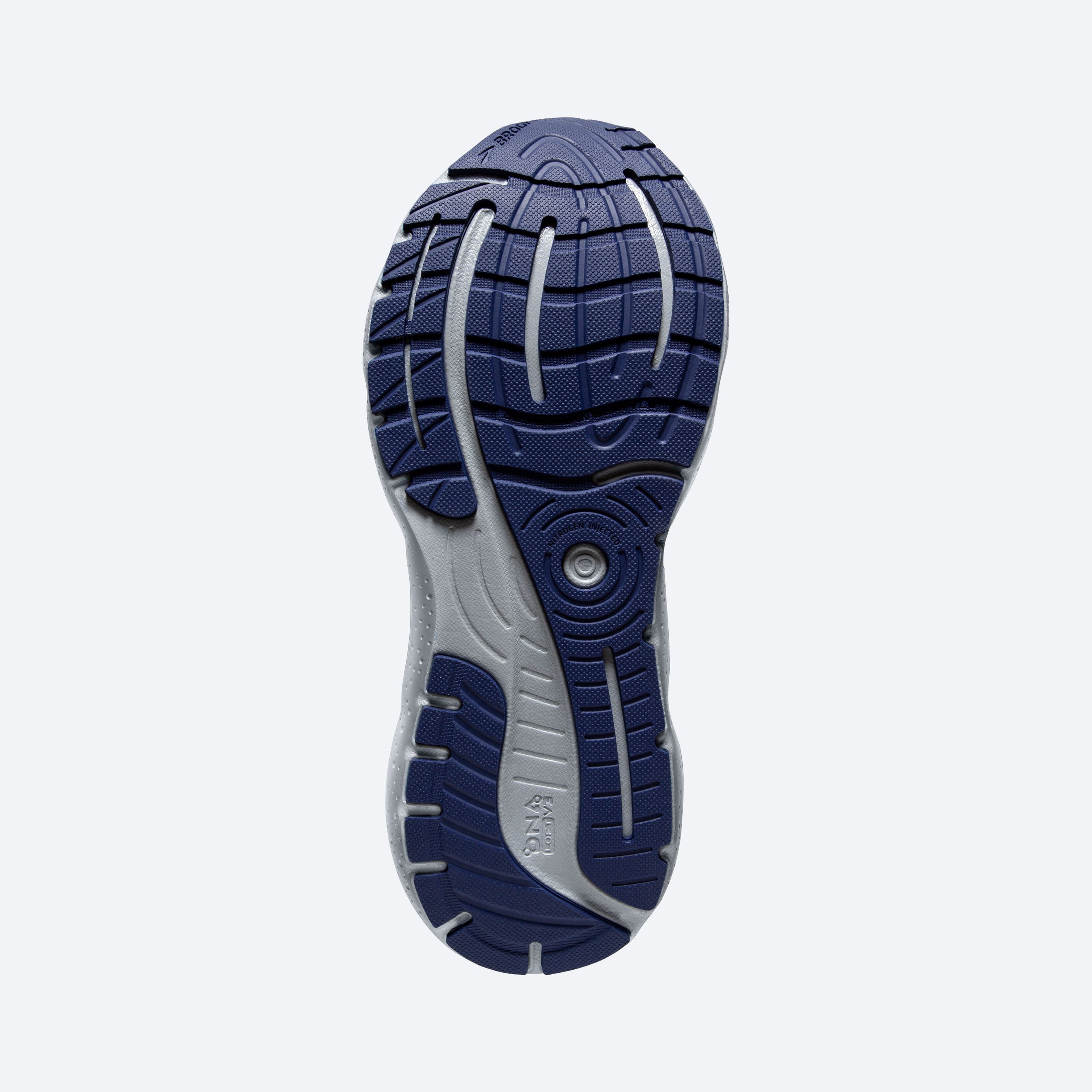 Bottom (outer sole) view of the Men's Glycerin Stealthfit GTS 20 in Oyster/Alloy/Blue Depths