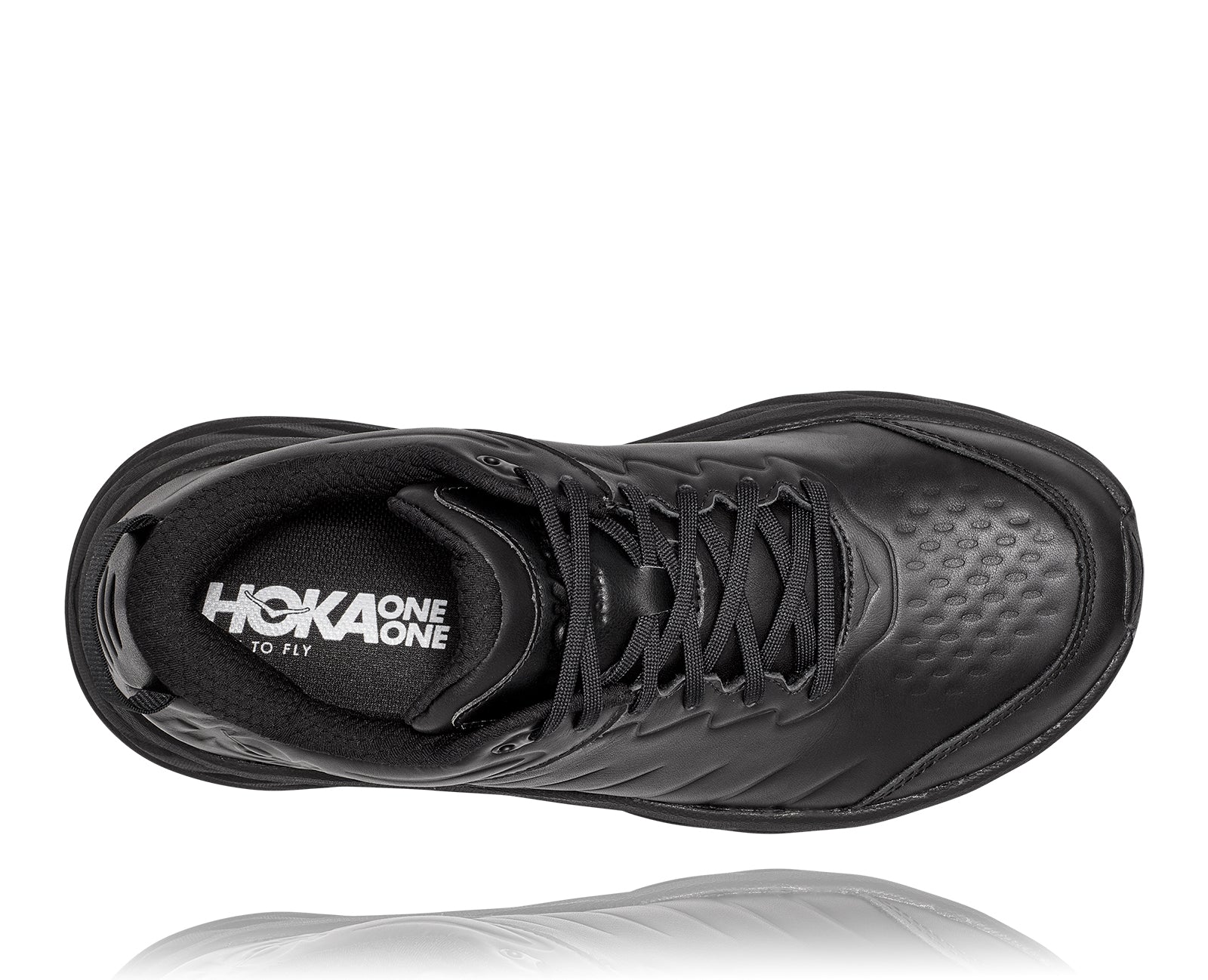 The Men's Hoka Bondi SR features a water-resistant leather upper along with a slip-resistant outsole.