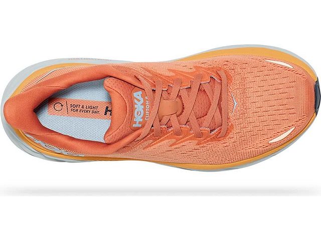 Top view of the Women's HOKA Clifton 8 in the color Sun Baked / Shell Coral