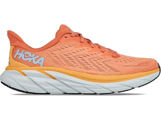 Lateral view of the Women's HOKA Clifton 8 in the color Sun Baked / Shell Coral