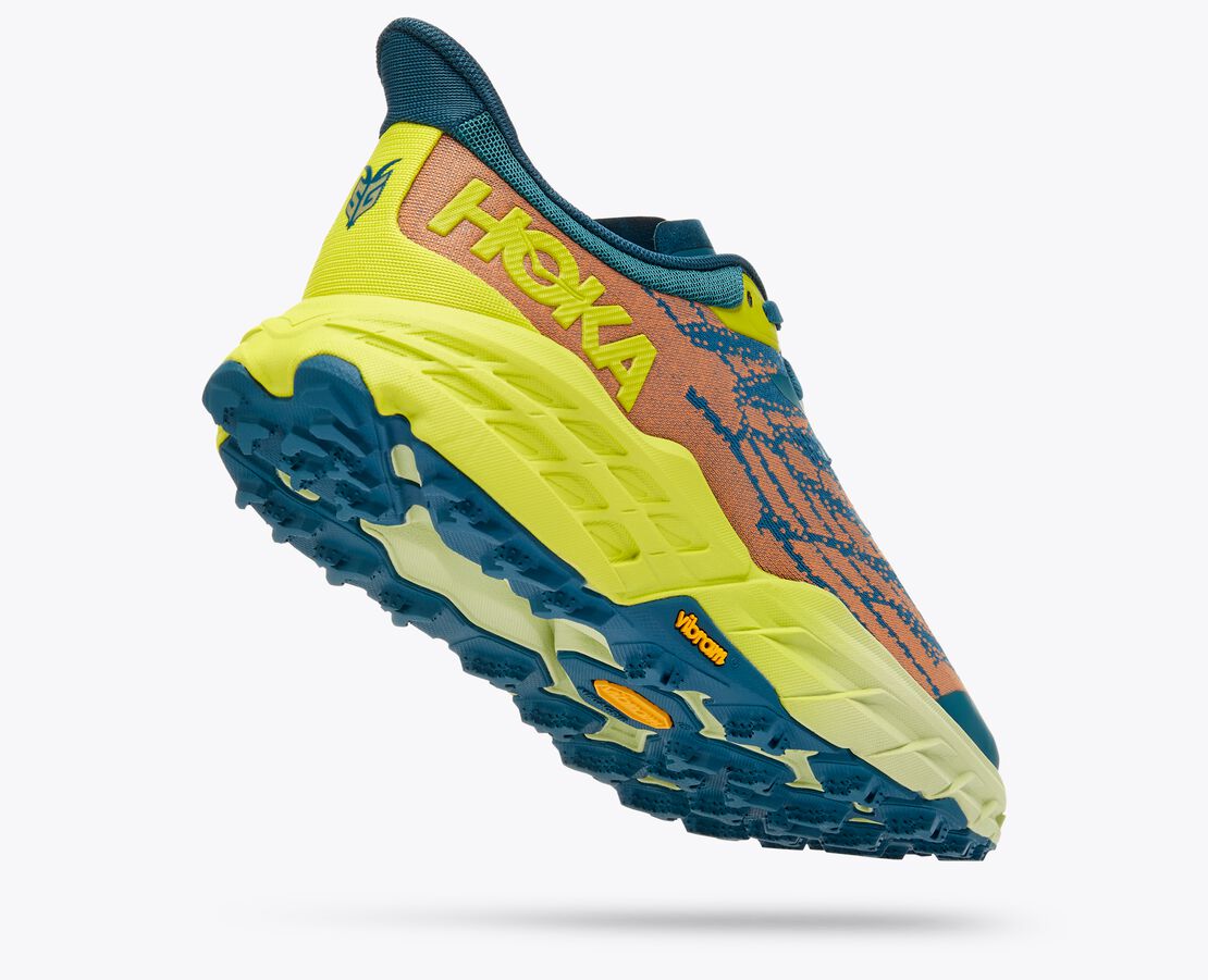Back angled view of the Men's Speedgoat 5 by HOKA in the color Blue Coral / Evening Primrose