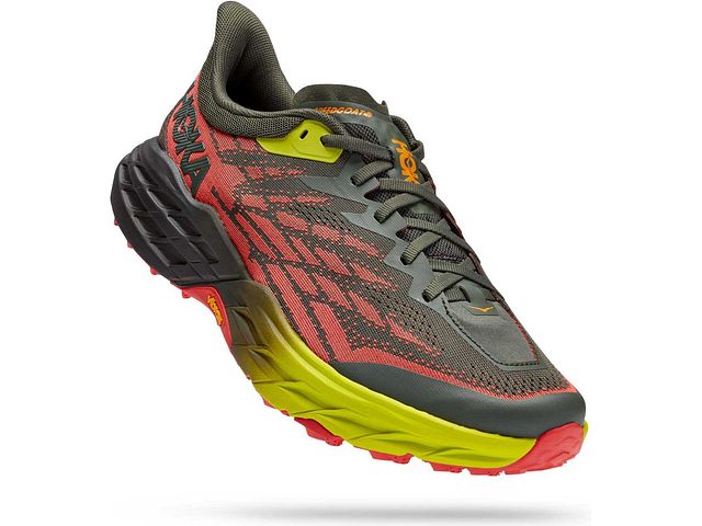 Lateral angled view of the Men's Speedgoat 5 by HOKA in the color Thyme / Fiesta