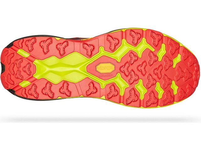 Bottom (outer sole) view of the Men's Speedgoat 5 by HOKA in the color Thyme / Fiesta