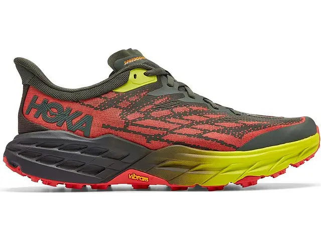Lateral view of the Men's Speedgoat 5 by HOKA in the color Thyme / Fiesta