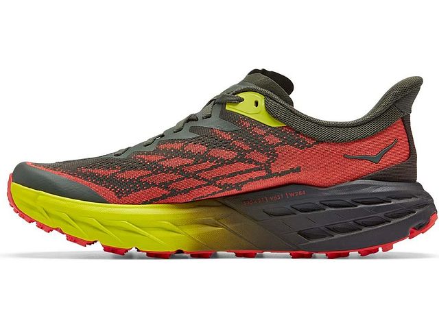 Medial view of the Men's Speedgoat 5 by HOKA in the color Thyme / Fiesta
