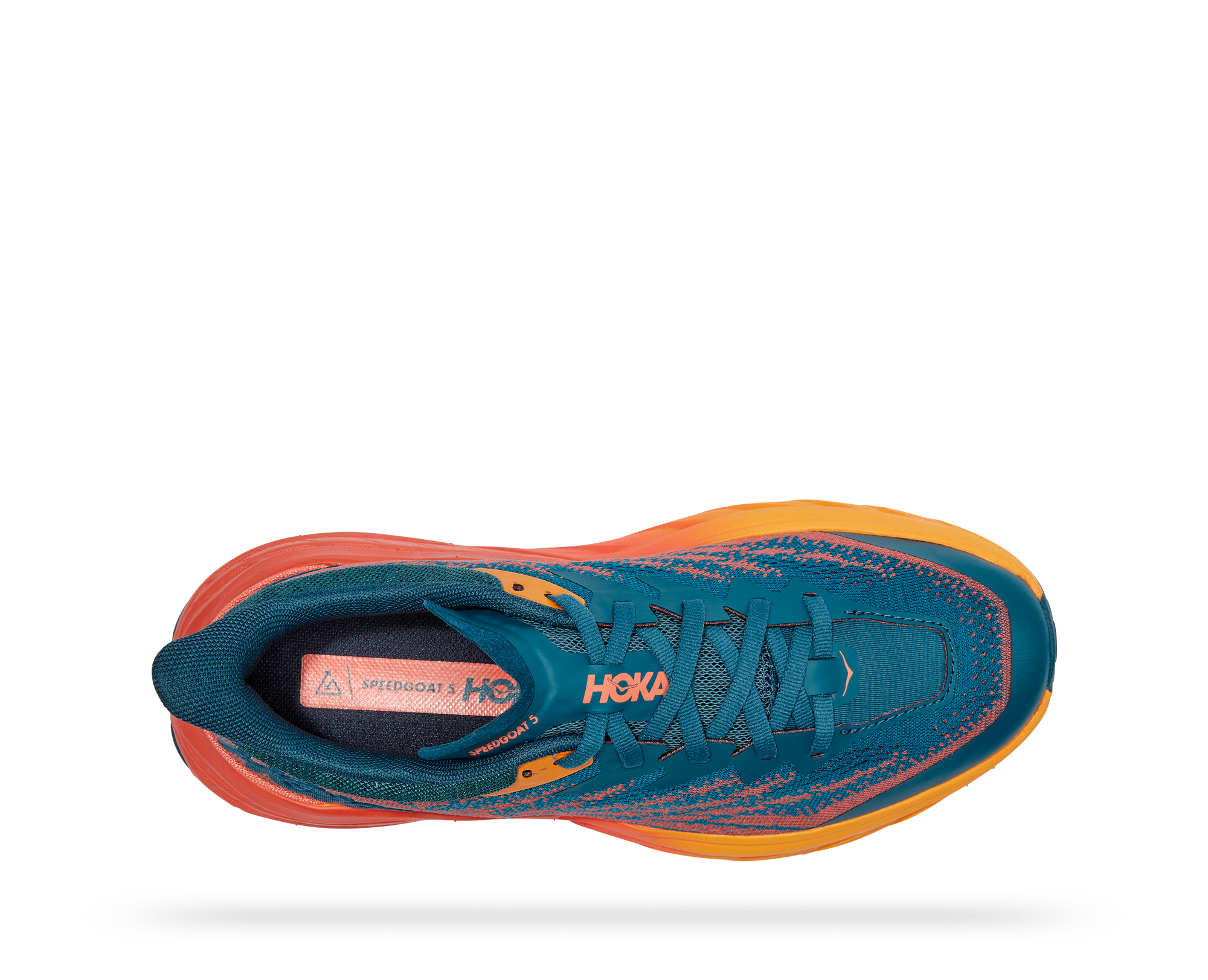 Top view of the Women's Speedgoat 5 by HOKA in the color Blue Coral / Camellia