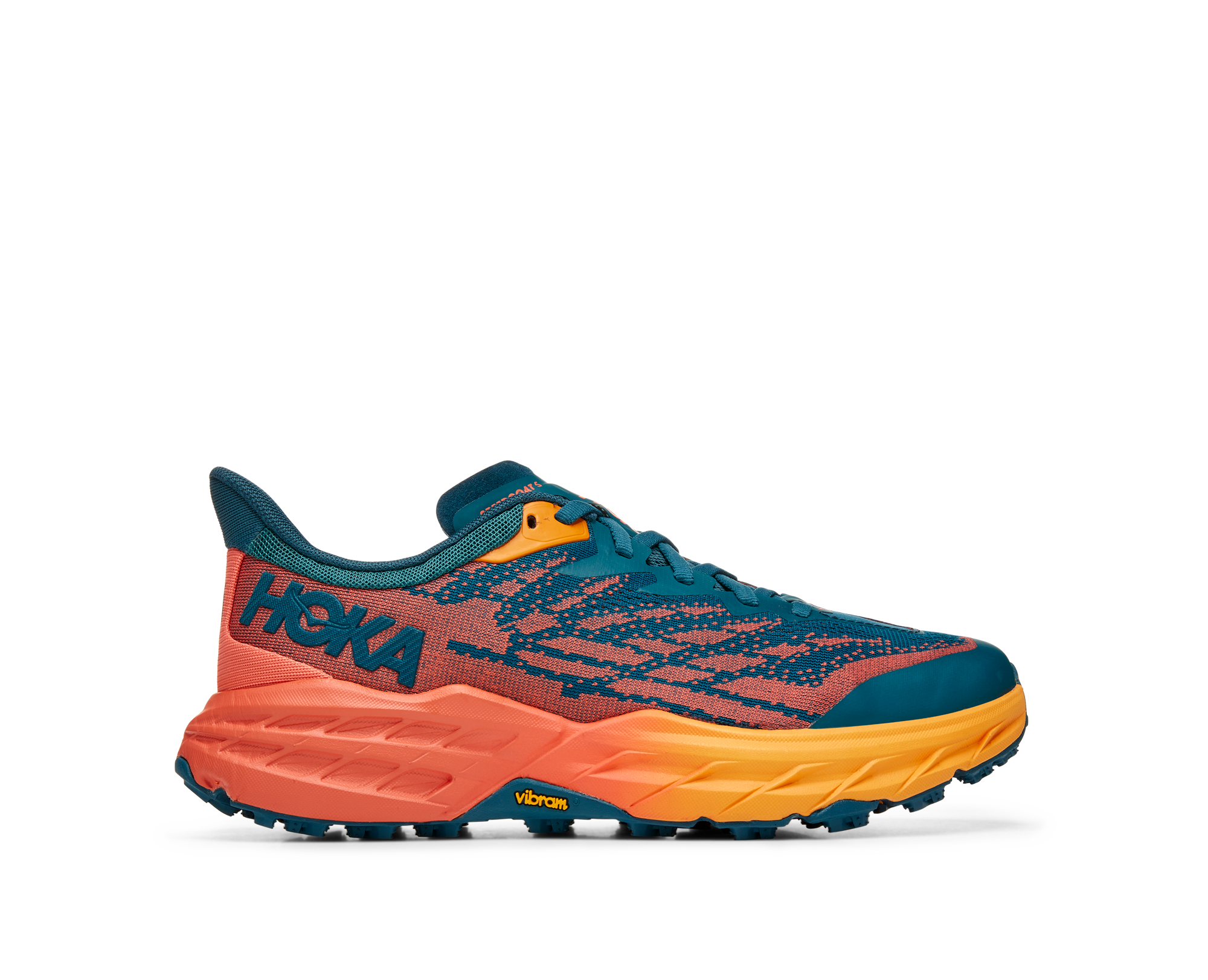 Lateral  view of the Women's Speedgoat 5 by HOKA in the color Blue Coral / Camellia