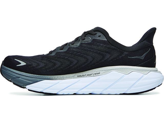 Medial view of the Men's Arahi 6 by HOKA in the color Black/White