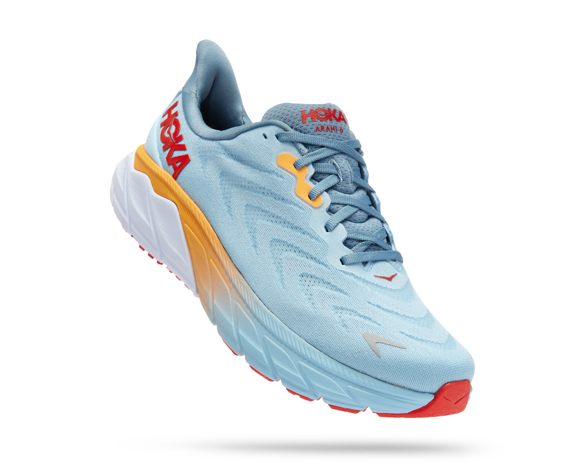 Lateral angled view of the Men's Arahi 6 by HOKA in the color Summer Song/Mountain Spring