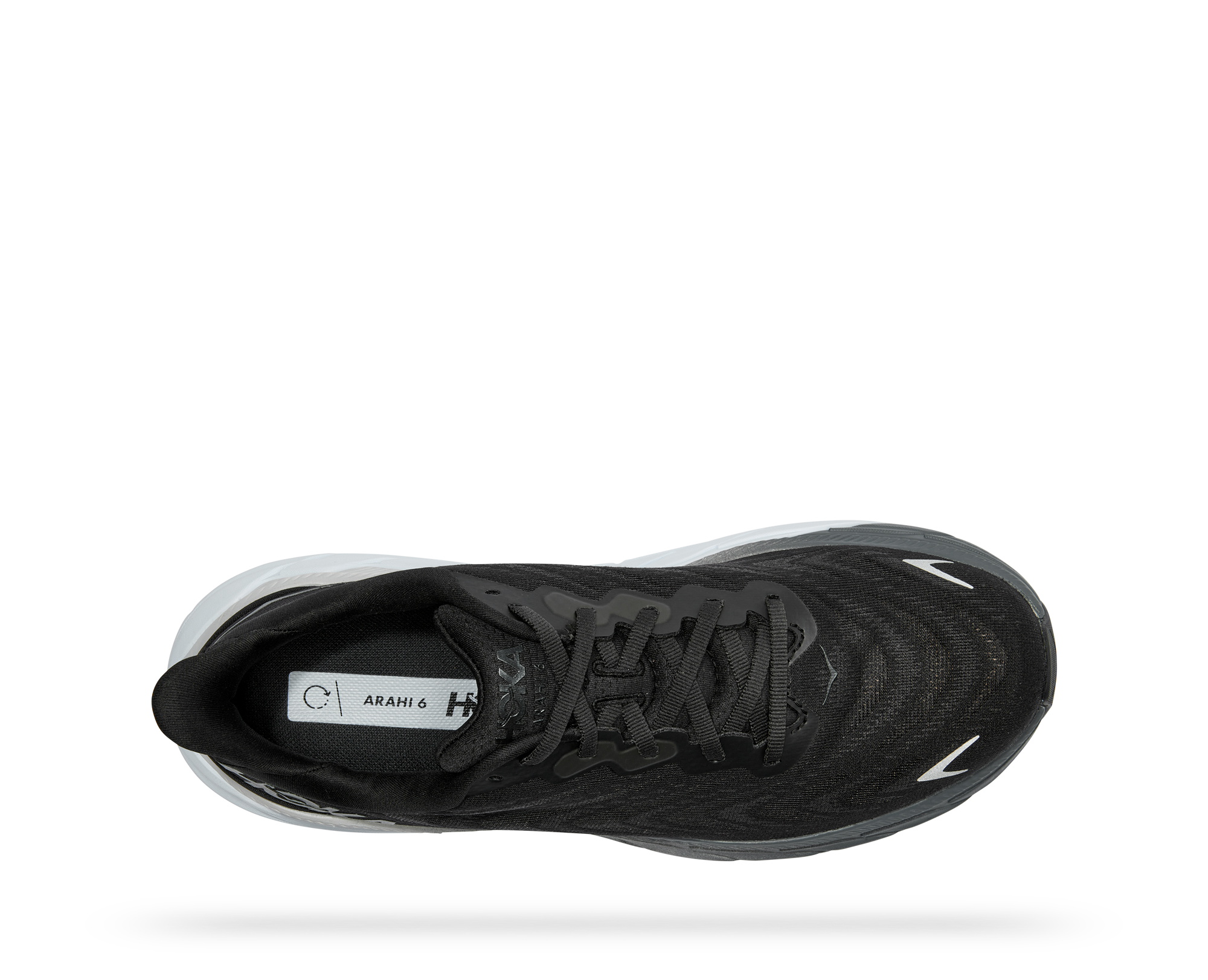 Top view of the Men's Arahi 6 by HOKA in the wide 2E width, color Black/White