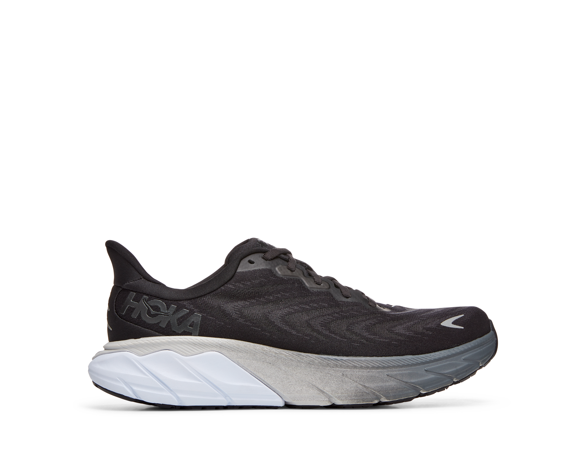 Lateral view of the Men's Arahi 6 by HOKA in the wide 2E width, color Black/White