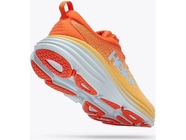 Back angled view of the Men's HOKA Bondi 8 in the wide "2E" width, color Puffin's Bill / Amber Yellow