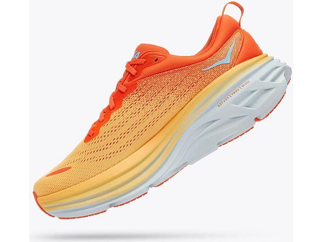 Medial angled view of the Men's HOKA Bondi 8 in the wide "2E" width, color Puffin's Bill / Amber Yellow