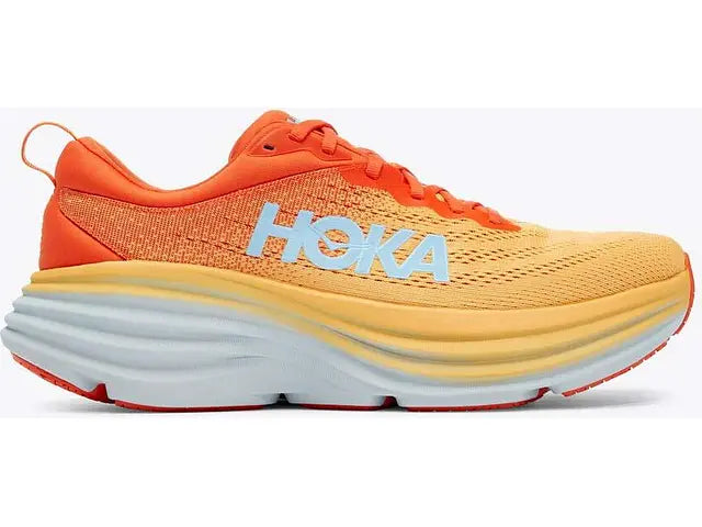 Lateral view of the Men's HOKA Bondi 8 in the wide "2E" width, color Puffin's Bill / Amber Yellow