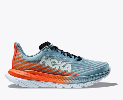 Lateral view of the Men's HOKA Mach 5 in the color Mountain Spring/Puffin's Bill