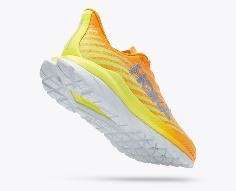 Back angled view of the Men's HOKA Mach 5 in the color Yellow