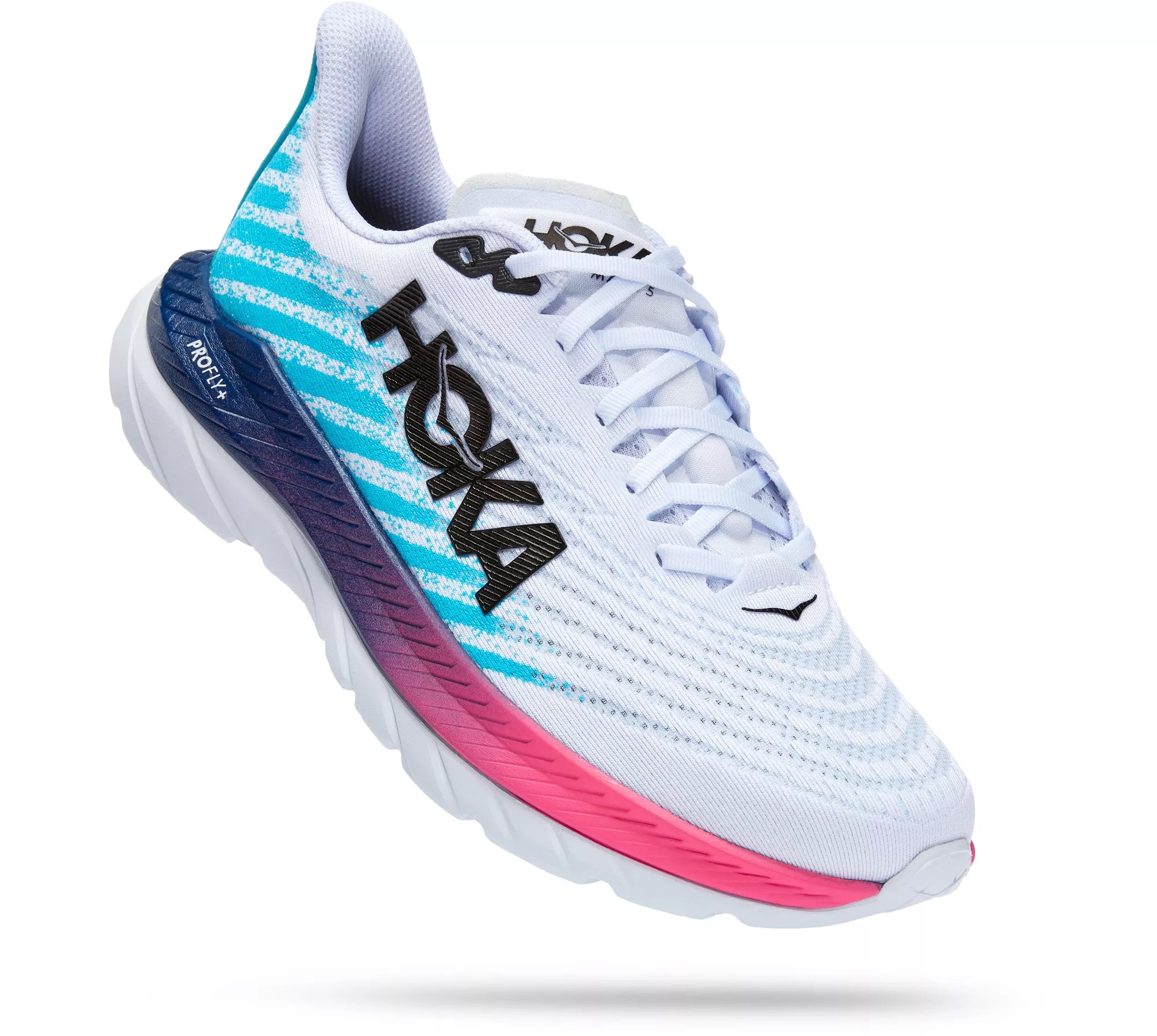 Lateral angled view of the Men's HOKA Mach 5 in the color White/Scuba