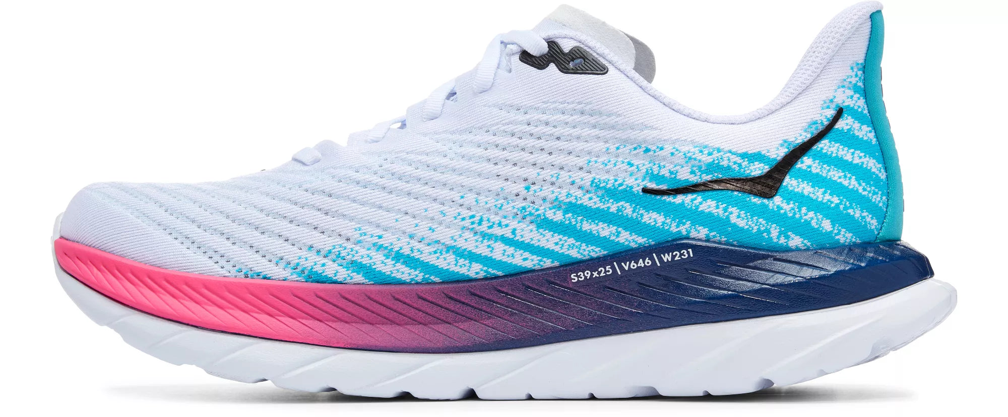 Medial view of the Men's HOKA Mach 5 in the color White/Scuba