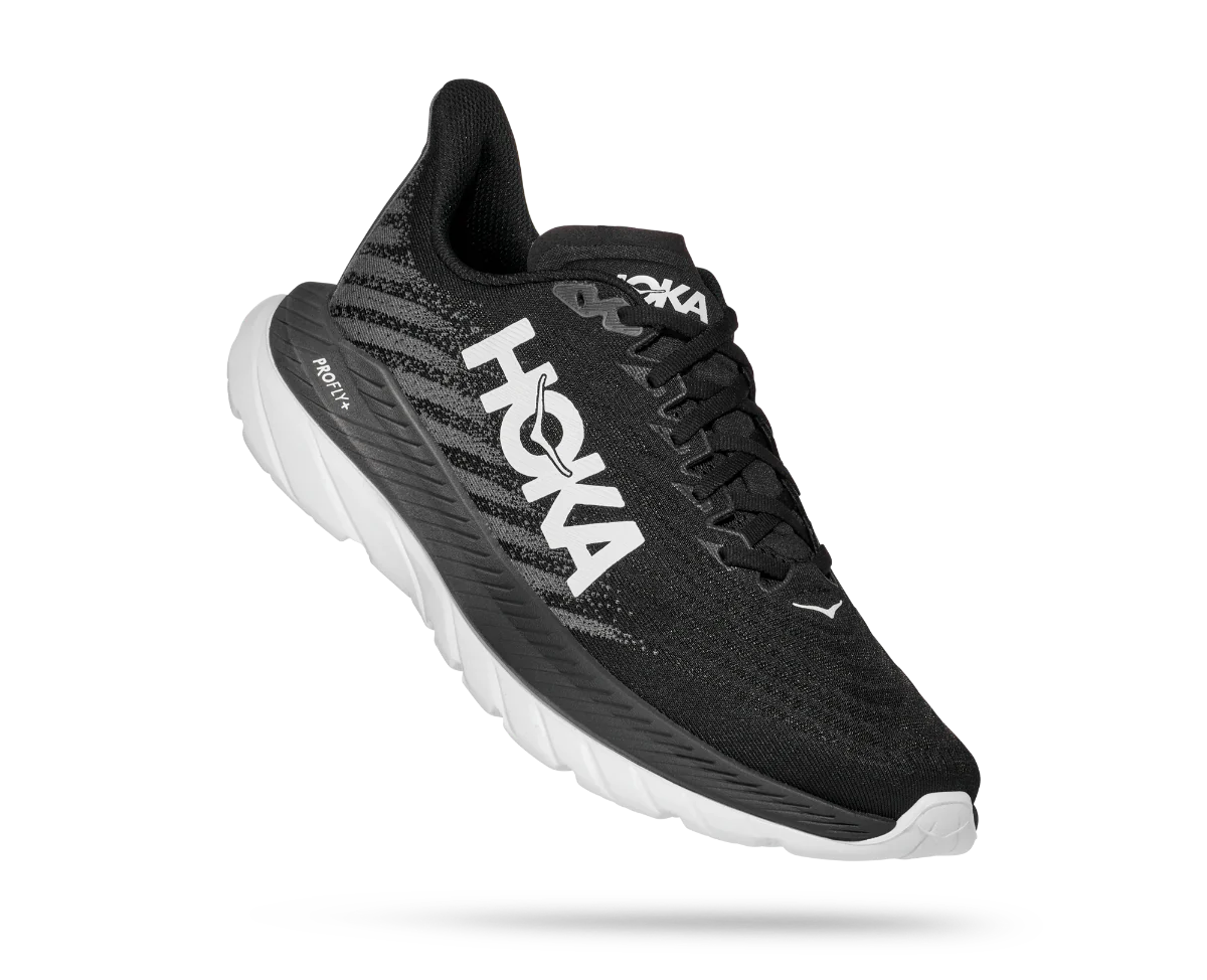 Angled Lateral view of the Women's HOKA Mach 5 in the wide width "D" - color Black/Castlerock