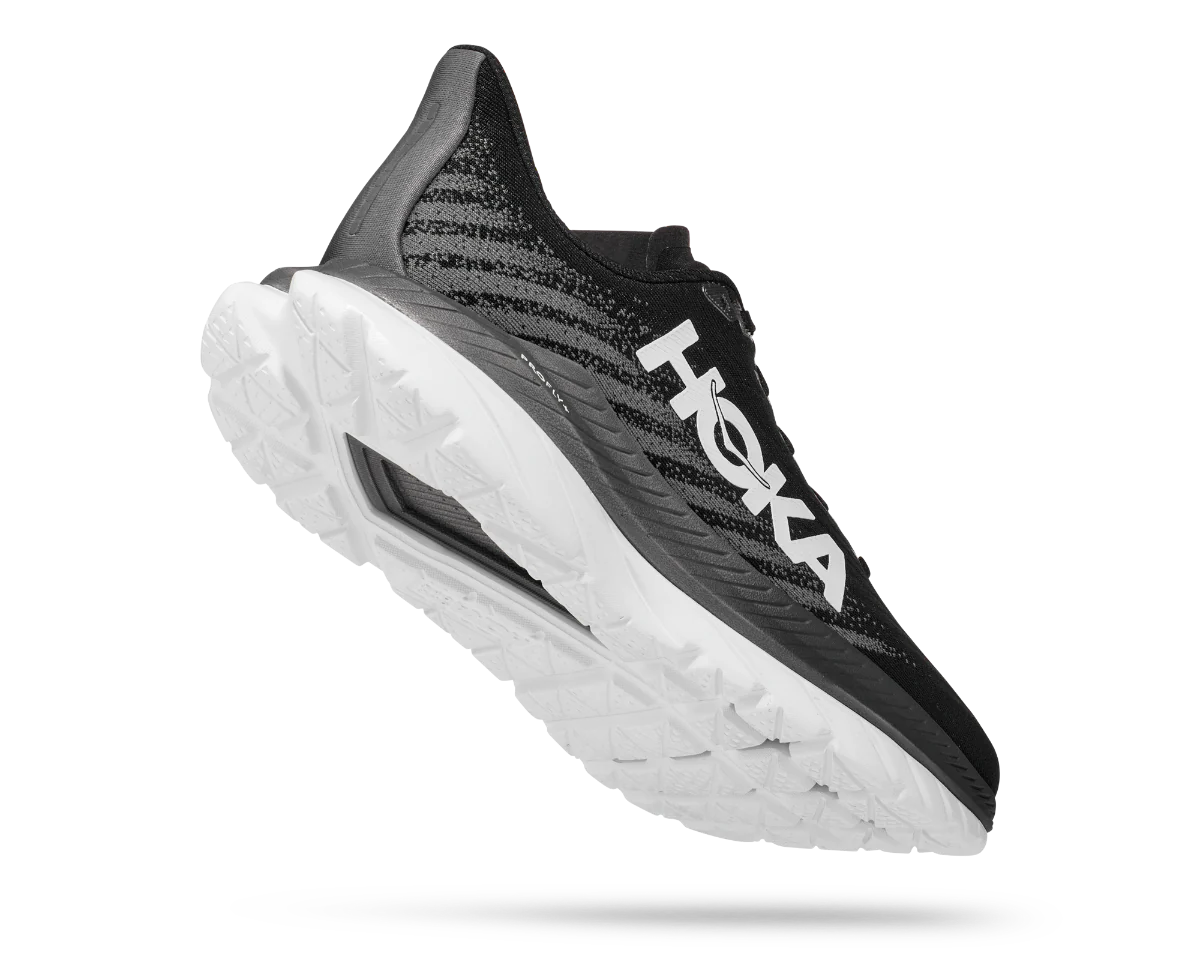 Back angled view of the Women's HOKA Mach 5 in the wide width "D" - color Black/Castlerock