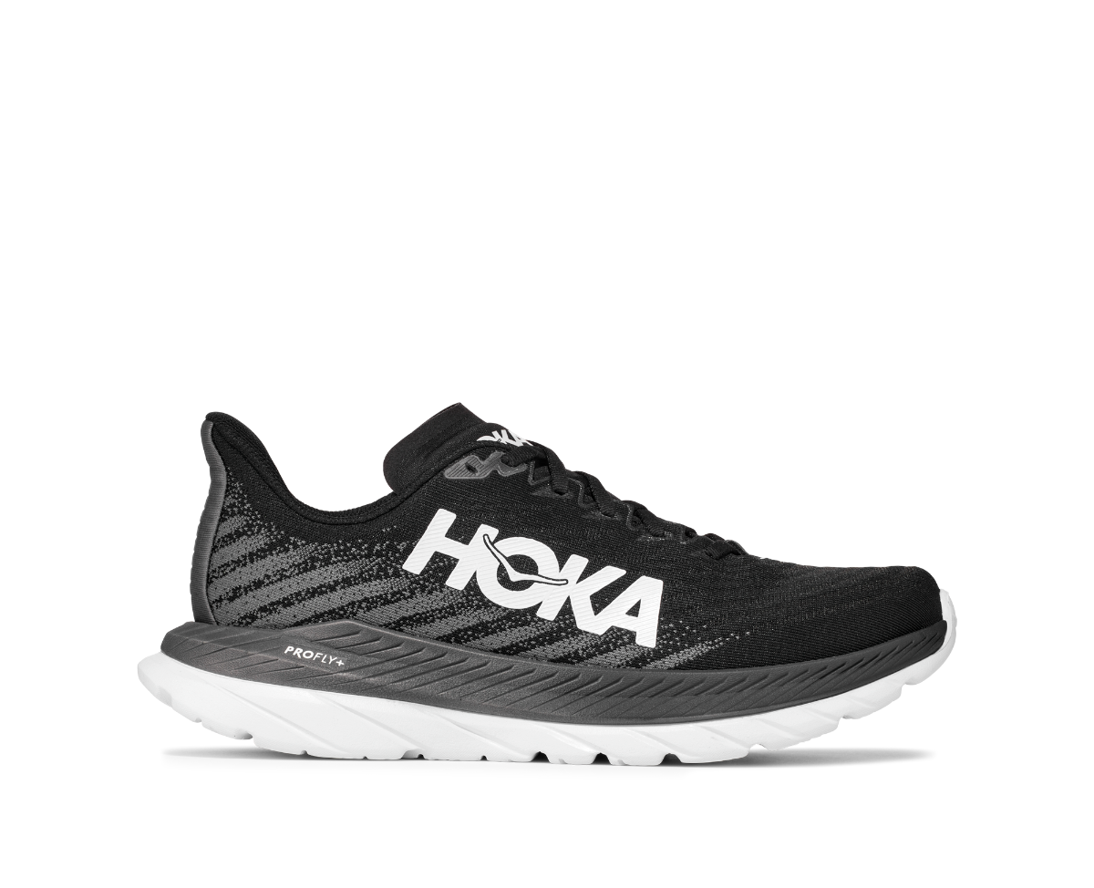 The women's Mach 5 from Hoka is a lively pavement pounder built for performance and ready to race. Sporting a stripped back creel mesh upper and lay-flat tongue, the Mach 5 delivers a snappy ride with PROFLY’s stacked midsole setup, offering a lightweight, and responsive foam directly underfoot.