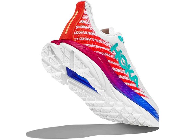 Back angled view of the Women's Mach 5 by HOKA in the color White/Flame