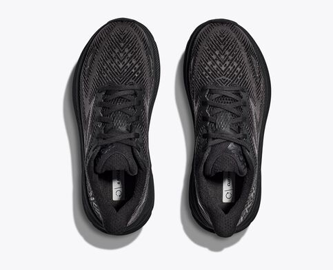 Top view of the Men's HOKA Clifton 9 in the color Black/Black