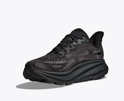 Front angled view of the Men's HOKA Clifton 9 in the color Black/Black