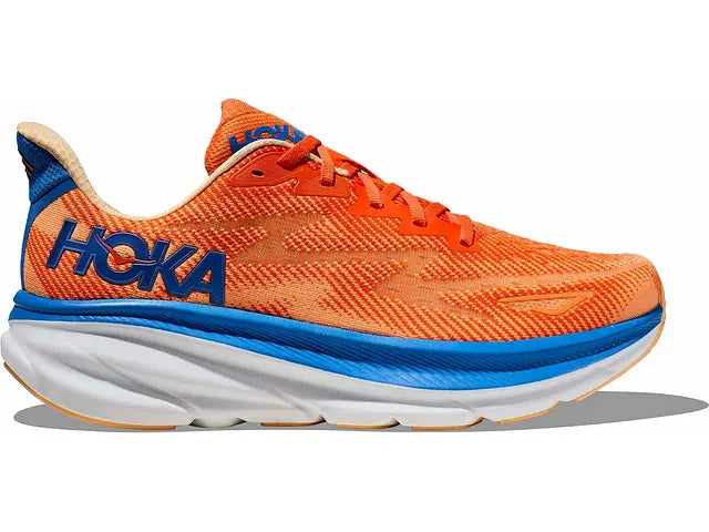Lateral view of the Men's Clifton 9 by HOKA in the wide "2E" width, color Vibrant Orange/Impala