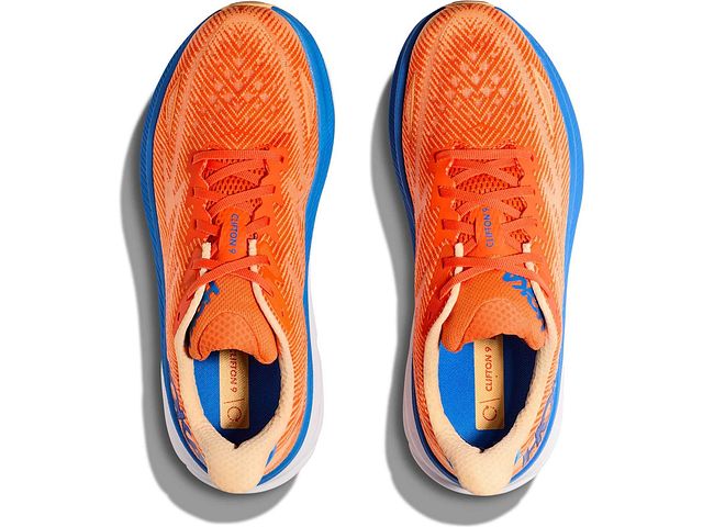 Top view of the Men's Clifton 9 by HOKA in the wide "2E" width, color Vibrant Orange/Impala